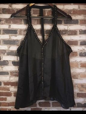 Frederick's of Hollywood Vintage Black Studded V-Neck Halter Camisole XL